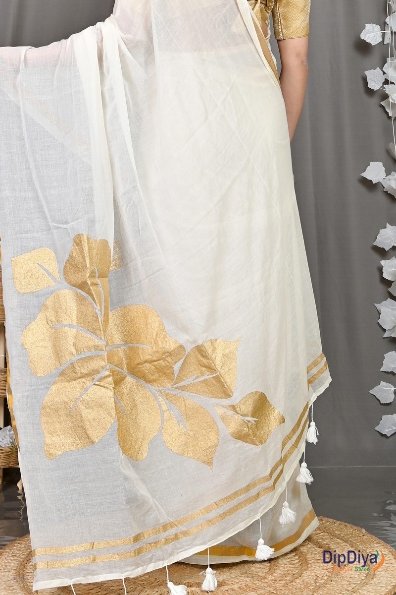 White Cotton Blended Soura Printed Handloom Saree (604)